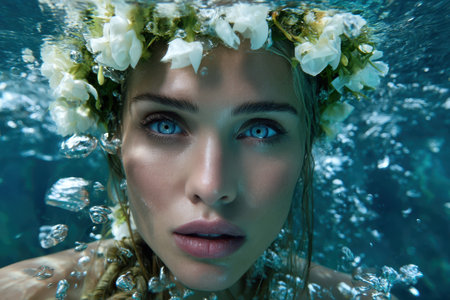A woman with a flower crown emerges from the underwater depths, bubbles swirling around her serene expression.の素材