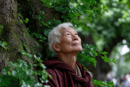 An elderly person with white hair admires the lush greenery, finding peace under the trees in spring.の素材