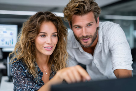 Two colleagues share ideas and discuss projects while working on a computer in a contemporary office.の素材