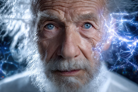 An elderly man with deep blue eyes gazes intensely while surrounded by a mystical display of electricity.の素材