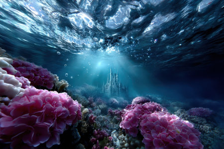 Colorful coral blooms flourish beneath the serene ocean surface, showcasing a hidden castle in the distance.の素材