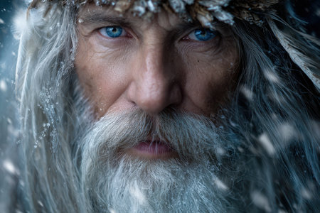 An enigmatic figure stands resolutely, adorned with ice and snow, his piercing blue eyes captivating in the cold.の素材