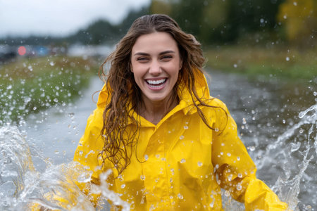 A young woman smiling widely in a yellow raincoat enjoys playing in puddles while it rains outside.の素材