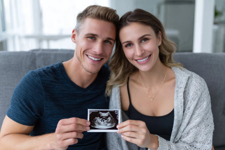 Happy couple sits on a comfortable sofa, proudly displaying their ultrasound image together with excitement and smiles.の素材