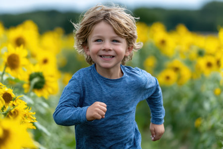 A child with curly hair runs happily among vibrant sunflowers under a blue sky during summer.の素材