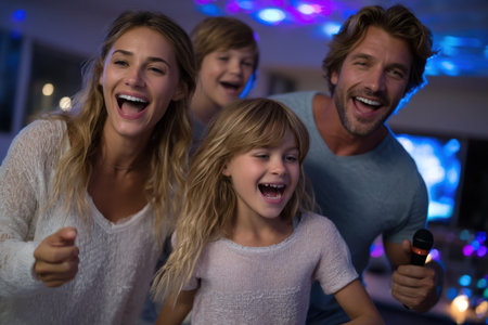 Four family members sing joyfully together, creating a lively atmosphere filled with laughter and happiness.の素材