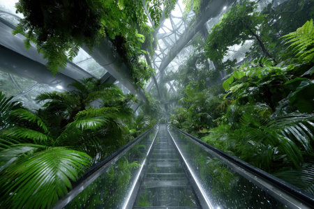 Escalator leads through a dense indoor garden filled with tropical plants and mist, creating a tranquil atmosphere.の素材