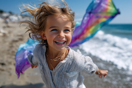 A child with flowing hair laughs and runs along the beach, waving a vibrant piece of fabric by the shoreline.の素材