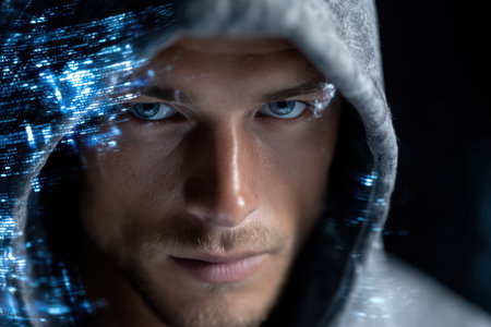 A man wearing a hoodie stares directly into the camera, showing his striking blue eyes and digital effects.の素材