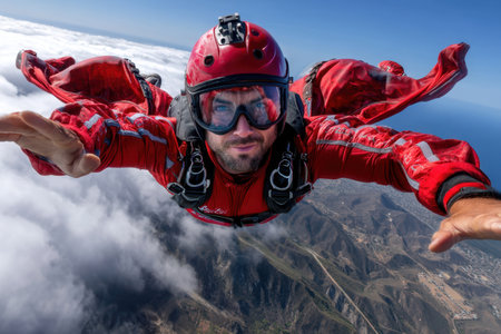 A skydiver in a bright red suit dramatically flies through fluffy clouds above a scenic mountainous landscape.の素材