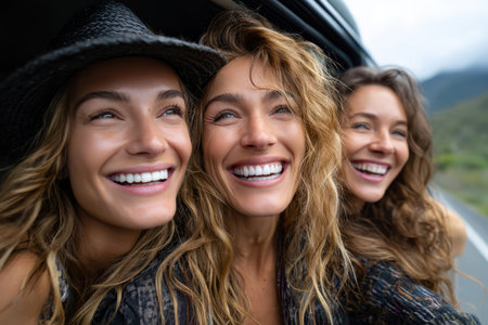 Friends lean out of a car, laughing and smiling as they embrace the beauty of a mountain road trip.の素材