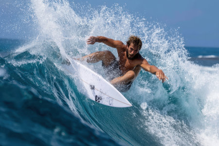 A skilled surfer catches a wave, showing agility and balance against a vibrant blue sea.の素材