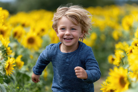 A young boy with curly blonde hair happily runs among vibrant sunflowers in a sunny field.の素材