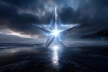A bright star-shaped formation emanates light amidst dark clouds over a calm oceanwater at twilight.の素材