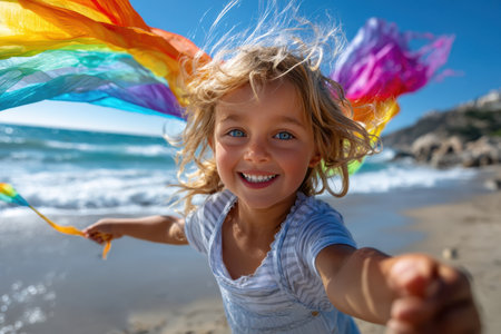 A happy child spins on the beach while holding vibrant, flowing fabric, enjoying a sunny day by the sea.の素材