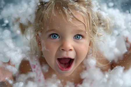 A child with bright blue eyes smiles widely while surrounded by fluffy bubbles, capturing a moment of pure joy.の素材