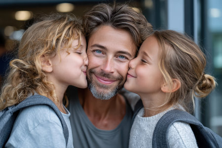 A father is happily embraced by his two daughters, receiving affectionate kisses on his cheeks as they smile together.の素材