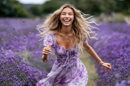 A smiling woman in a floral dress happily runs among blooming lavender flowers during summer.の素材