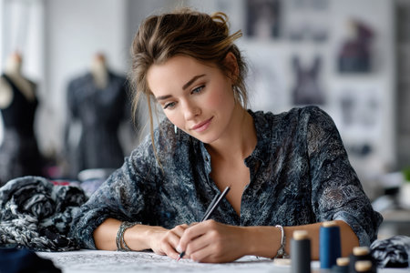 A young woman sketches fashion designs in a vibrant studio filled with fabrics and dress forms.の素材