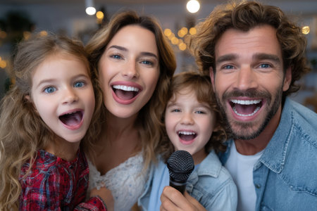 Parents and their children sing happily together during a fun karaoke night at home.の素材