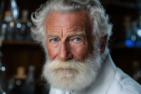 An elderly man with striking blue eyes and a white beard looks thoughtfully in a cozy room, surrounded by glass bottles.の素材
