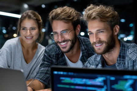Three friends share ideas and work together on laptops in an urban workspace during the evening hours.の素材