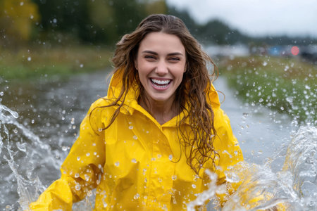 A young woman smiling widely in a yellow raincoat enjoys playing in puddles while it rains outside.の素材