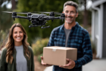 A man holds a package while a drone hovers nearby, showing modern delivery technology in action.の素材