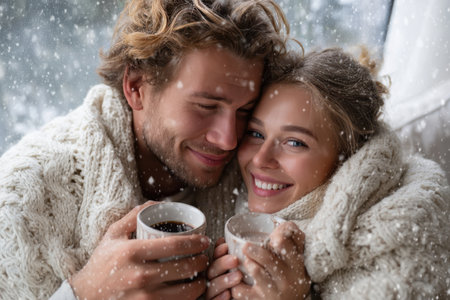 A couple embraces each other with smiles while enjoying hot drinks indoors during a snowy day.の素材