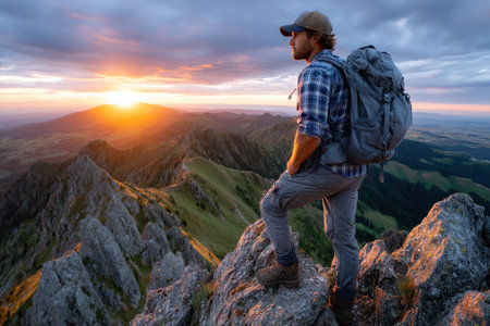 Hiker gazes at a stunning sunset from a rocky summit, surrounded by vast hills and serene sky.の素材