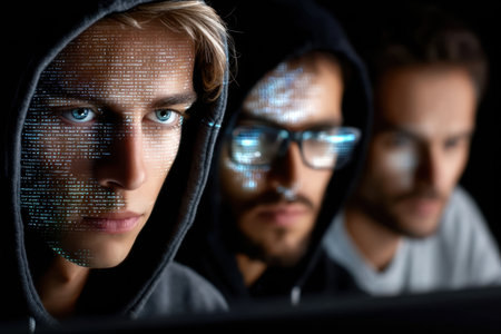 Three young men focus on computer screens, immersed in coding, with light reflecting on their faces.の素材