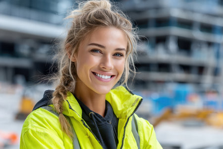 A young female construction worker is smiling confidently while standing at a busy construction site.の素材