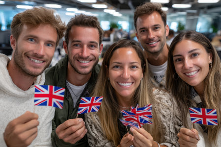 A group of five friends holds small British flags while smiling together in a modern office environment.の素材