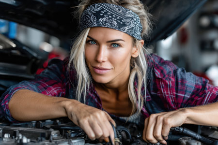A confident mechanic inspects a car engine, showingcasing expertise in a bright garage environment.の素材