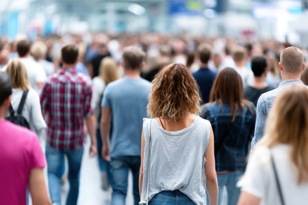 A diverse group of people walks through a contemporary space, showing city life during the day.の素材