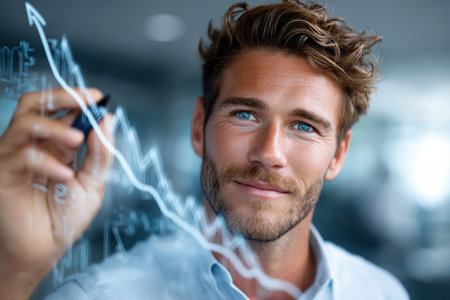 A young man engages with a digital display, illustrating market growth trends in a contemporary workspace.の素材