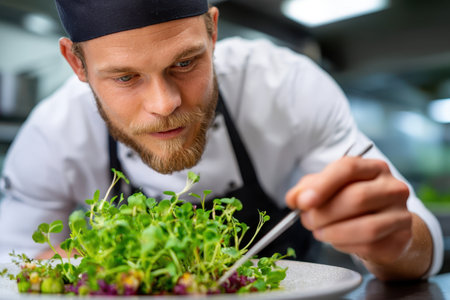 A focused chef meticulously arranges microgreens on a vibrant salad in a contemporary kitchen setting.の素材