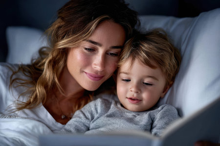 A mother and her young son share a warm moment as she reads him a bedtime story in their serene bedroom.の素材
