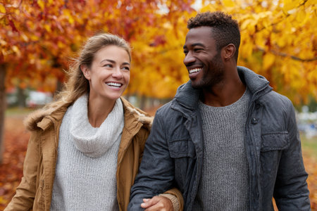 Couple enjoys a pleasant stroll together amidst colorful autumn leaves in a park filled with warm hues.の素材