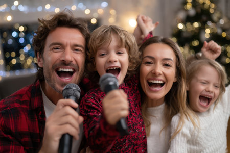 A family cheerfully participates in karaoke, showcasing their excitement and love during the festive holiday time.の素材