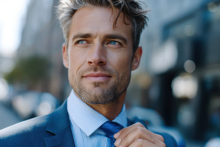 Businessman in a suit adjusts his tie, exuding confidence in a busy urban setting during daylight.の素材