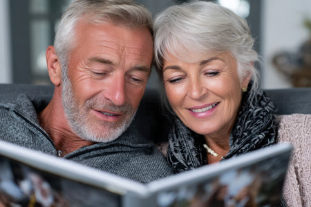 Older couple smiles as they share a joyful moment looking through a shared photo book in their home.の素材
