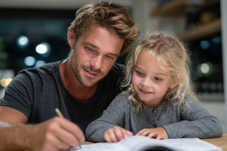 Father helps his daughter with her homework at a cozy table in their home during the evening hours.の素材