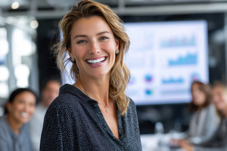 A professional woman confidently smiles while participating in a team meeting at a bright office space.の素材