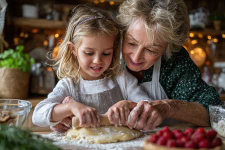 A grandmother and her granddaughter joyfully roll dough while baking cookies in a cozy kitchen.の素材