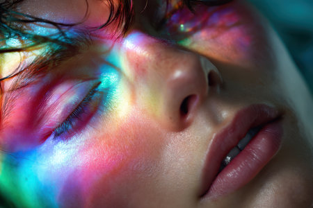 Soft light creates colorful reflections on a person's serene face, revealing different shades and textures.の素材