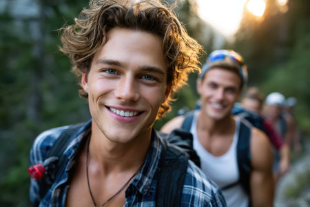 Two young men enjoy a hiking trip in a forest. They smile as they explore nature with friends at sunset.の素材
