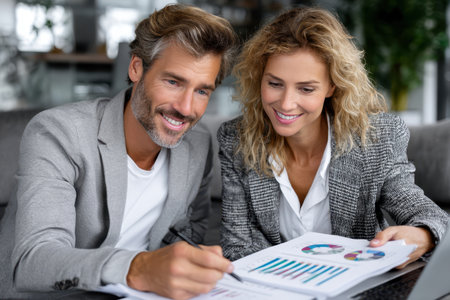 Two colleagues review charts and graphs while discussing project strategies in a bright office space.の素材