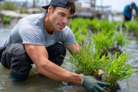 Young man kneels in shallow water, planting wetland vegetation to support coastal restoration efforts.の素材