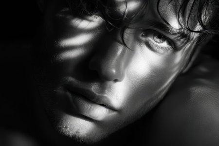 A young man's face is captured in deep shadows, emphasizing his intense gaze and unique features.の素材